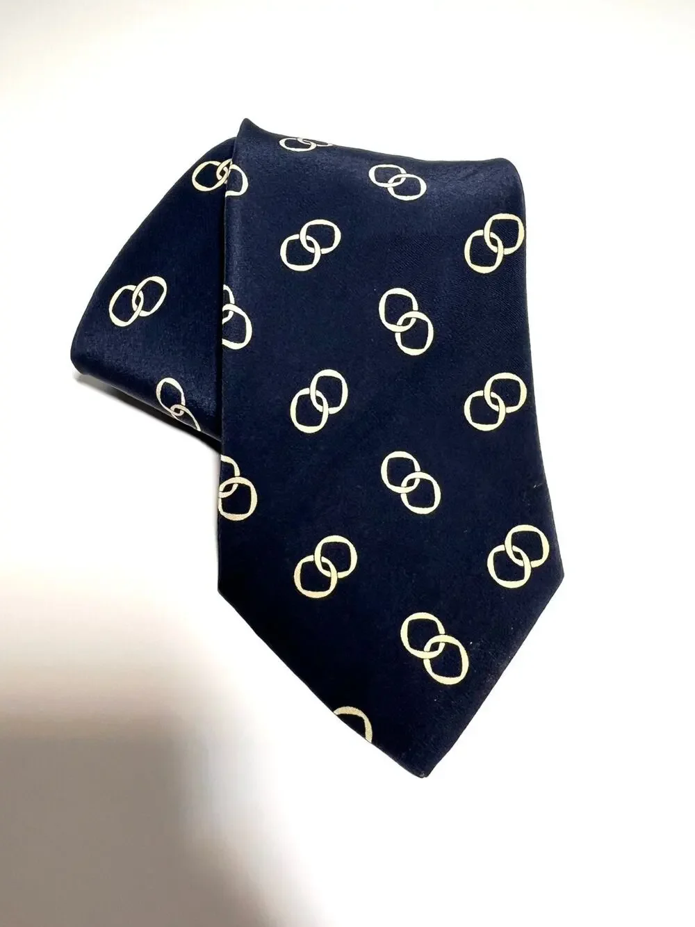 Polo Ralph Lauren EUC Navy Interlocking Ring 100% Silk Tie Necktie 57